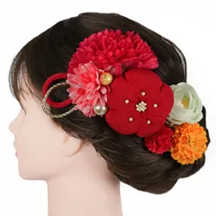 髪飾り 成人式 振袖 4点セット 赤 ピンク サーモンピンク 黄色 白 ゴールド ちりめん細工 組紐 梅 うめ 組紐 花飾り パールビ No.12-1031