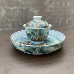 中国茶器 景徳鎮 陶磁鯖山水蓋碗 茶碗 煎茶器 茶道具 新品未使用