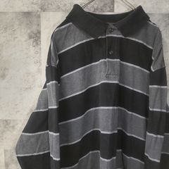 ビンテージ長袖ポロシャツ☆　USA古着　ブラック×グレー　ボーダー　L　C24