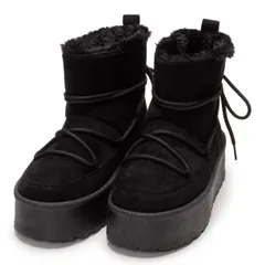 【新品・未使用】 ムートンブーツ レディース 23.5 24 24.5 25 ブラック 黒 ショートブーツ 暖かい かわいい もこもこ ブーツ 靴 シューズ ボア 編み上げ レースアップ ファー おしゃれ 韓国 SVEC シュベック IPB240-1-S