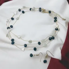 夜ふかしのハートセット 黒ビーズ 白ハート ワイヤーネックレス＆ピアス