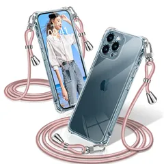 iPhone 12 Pro Max ケース クリア ショルダー 耐衝撃 iPhone12ProMax スマホケース 透明 織りストラップ付き 肩がけ 首掛け 紐付き アイフォン12ProMax カバー 縄掛け シングルショルダーロープ 斜めがけ 調節可能な 1