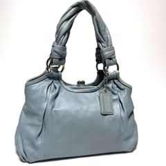 コーチ COACH ハンドバッグ レザー 本革 ライトブルー シルバー チャーム ロゴプレート 大容量 ショルダーバッグ 肩掛け がまぐち