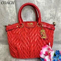 ✨良品✨ COACH コーチ トートバッグ ハンドバッグ マディソンシェブロン ギャザー 馬車金具 ロゴ型押し ゴールド金具 ナイロン レザー レディース レッド 赤色