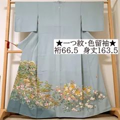 【色留袖】裄66.5 丈163.5 袖49　正絹　袷　作家物　一つ紋・木瓜紋　ライトブルー地に新緑の日本庭園　ほ19E04　k2503