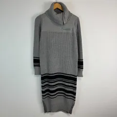 AVIREX Belle アヴィレックス タートルネック ニットワンピース ワンポイントロゴ ロゴ刺繍 ボーダー柄 グレー レディース Sサイズ 古着 モード