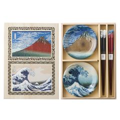 北斎富士　小皿箸揃ペア木箱