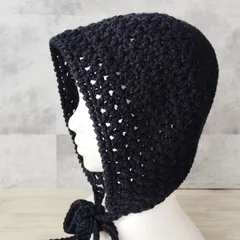 ボンネット　手編み　ニット帽　ハンドメイド　クロシェハット　フード帽子　フードキャップ　バラクラバ　手編み　かぎ針編み　ブラック