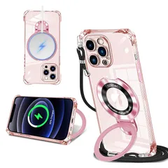 iPhone 12 Pro 用 ケース クリア MagSafe対応 リング付き ネック ショルダー アイフォン12プロ 縄掛けケース 透明 肩掛け 斜めかけ 韓国 可愛い 縄掛け カバー 丸型スタンド付き マグネット搭載 縦横両対応 耐衝撃 ワイヤレス充電 1