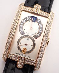 磨き済み HARRY WINSTON(ハリー ウィンストン) アベニュー ジャンピングアワー ベゼルダイヤ PG/革 手巻 ピンクゴールド 裏スケ