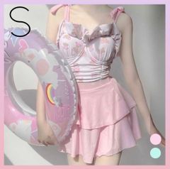 ✳︎新品✳︎  ビキニ 水着 ピンク ワンピース Sサイズ スカート スイムウェア クマ フリル　ピンク 海 プール  A107