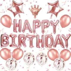 【新品】装飾 お祝いお誕生日 かざりつけ グッズ (ローズゴールド) パーティー 紙吹雪風船 女の子王冠 Birthday Happy 飾り シンプル セット バルーン30点風船 バースデー 女の子 飾り付け 誕生日