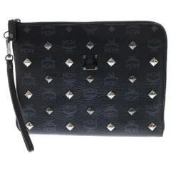 MCM (エム シー エム) メタルプレート スタッズロゴデザイン レザークラッチバッグ セカンドバッグ 総柄 ブラック MXE4SVE01BK001