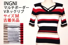 【古着 美品】INGNI イング マルチ ボーダー Vネック リブ ニット レディース 半袖 ホワイト ブラック レッドなど Mサイズ　TB1096