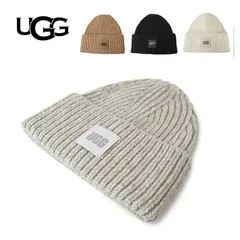 UGG ニット帽 ビーニー ホワイト グレー アイボリー リブ レザーパッチ