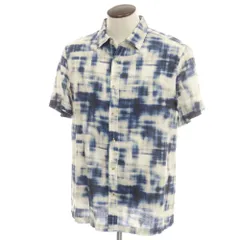 【中古】バナナリパブリック Banana Republic リネンコットン 半袖シャツ ネイビーxベージュ【サイズL】【メンズ】