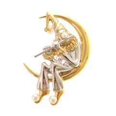 59 MIKIMOTO 月に座る道化師 楽器を持つピエロのブローチ シルバー