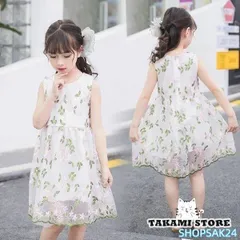 子供服 ワンピース 花柄　女の子 半袖 ジュニア ドレス チュール　刺繍 　夏 可愛い　日常　発表会 キッズ673