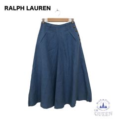 【訳アリ】 RALPH LAUREN ラルフローレン スカート ひざ丈 シンプル お洒落 レディース ブルー 7 麻100% ASS41-38 送料無料 古着