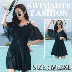 体型カバー 水着 ワンピース型 セパレート 肩出し 水着レディース小胸バンドゥ 水着 黒 フリル 韓国風 40代 大きいサイズ 可愛い ウェア 温泉