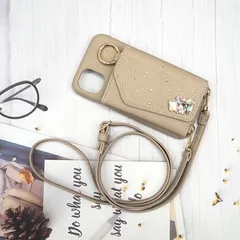 スマホケース ハード 全機種対応【レザー×カード入れ ミラー ロングストラップ付き×ビジュー＆フラットストーン】291
