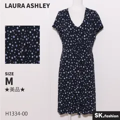 ★美品★ LAURA ASHLEY ローラアシュレイ ワンピース　膝丈　半袖　水玉模様　伸縮性　Vネック　Aライン　夏 　ネイビー　ブルー　 【H1334-00】 送料無料　古着　レディース