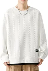 Four leaf おしゃれxスッキリ 重ね着風 メンズ トレーナー トップス カットソー 長袖 スウェット 長袖tシャツ ストリート系 ロンティー レイヤード 丸首 エンボス加工 無地(ホワイト,  L)