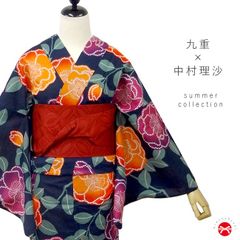 浴衣 レディース　九重 × 中村里砂 浴衣単品 (紺地 オレンジ・紫 椿 )