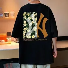 フラワー 花柄×英字ロゴ　プリントTシャツ 　ブラック