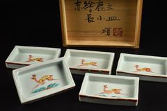 九谷焼 春日山窯 金城製 青木木米 聾米造 赤絵 四方小皿 五客 D R6055