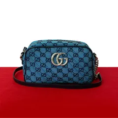 極 美品 GUCCI グッチ GG マーモント キャンバス レザー 本革 チェーン ショルダーバッグ ポシェット サコッシュ ブルー ネイビー 84805