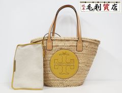 トリーバーチ TORY BURCH エラストロー バスケットトート ラフィア かごバッグ イエロー ポーチ付き【中古】バッグ