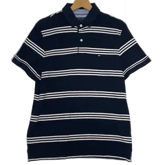 TOMMY HILFIGER/トミーヒルフィガー ボーダー柄 ストライプ柄 半袖 ポロシャツ ワンポイント刺繡 インド製 メンズ M ブルーブラック/ネイビー