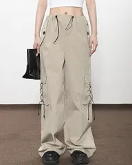 カーゴパンツ レディース ロングパンツ ワイドカーゴパンツ ウエスト ポケット付き ゆったり ヒップホップ ダンス用 かっこいい ボトムス カジュアル 秋 春 夏litin01