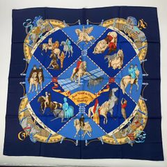 極美品 HERMES エルメス カレ90 スカーフ シルク Musee Vivant du Cheval Chantilly シャンティイ城馬の博物館 ブルー