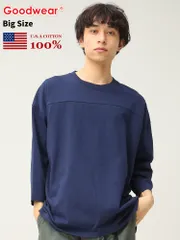 グッドウェア Tシャツ Goodwear USAコットン フットボールT 7分袖 クルーネック 切替 BIG TEE シンプル ベーシック 2W70505 P10 ネイビー