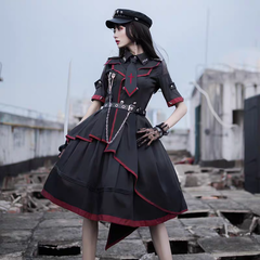 新品未使用 副牌  敗者食塵 OPワンピース 軍服風 ロリータファッション フルセット ゴシック風 デザイン 十字架装飾 ブラック×レッド 制服風OP 豪華セット 仮装 イベント用 ハロウィン 撮影会に最適 