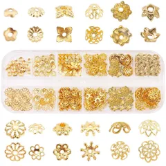 【残りあと僅か！】座金 ビーズ 花座 アンティークゴールド 金古美 合金ビーズ キャップ 花形 菊座 透かしキャップ 透かしパーツ ビーズキャップ 光沢感 スペーサービーズ フラワー チャーム アクセサリーパーツ 花状 チベット風 240個12種 ビーズキャッ