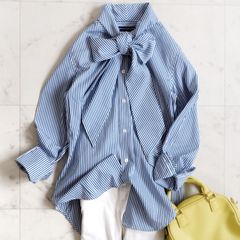 七夕セール♪お得な割引きクーポン発行中！極美品【RALPH LAUREN SPOPTラルフローレンスポーツ】ボウタイシャツ サイズ 0　青×白 ストライプ柄 ブラウス