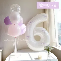 誕生日 飾り 風船 セット　ナンバーバルーン　パープル　リボン付き　バレーコア