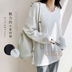 カットソー 長袖 レディース きれいめ ワッフル ｔシャツ 無地 vネック 長袖ｔシャツ ゆったり ワッフルカットソー 凹凸感 ポコポコ vネックカットソー ドロップショルダー スリット Tシャツ おしゃれ トップス プルオーバー xkxiaoz56