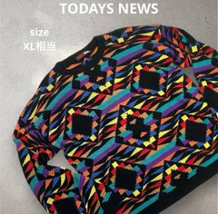 【極美品】TODAYS NEWS size XL相当 ★90s★USA製★アクリルニット★セーター★総柄★幾何学柄★ブラック×マルチカラー★ヴィンテージ★