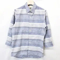 【中古】[印象AB] nano・universe ナノユニバース シャツ メンズ S ブルー 青 綿×麻 ボーダー レギュラーカラー 7分袖 胸ポケット付き ラウンドテールのサムネイル