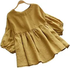 ririka チュニック ブラウス 7分袖 トップス プルオーバー 肩 ドロップ ショルダー ふんわり ゆったり 体型カバー ギャザー カジュアル レディース 黄色( イエロー,  M)