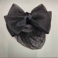 97 SHC⑯　 サテン＋シフォン リボン 　 ネット付き　  ソフトクリップ　ブラック　ブラウン　ネイビー 　 バレッタ 　 ヘアアクセ  　お団子カバー 　 まとめ髪 　 おしゃれ