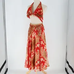 【ベリーダンス用 オリエンタル衣装】レッド×ブラウン ラインストーン ビーズ 赤 茶色 レース 花柄 ブラトップ スカートセット 鮮やか スリット入り かわいい 明るい フリル 華やか