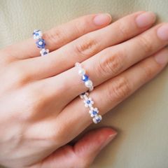 お花のビーズリング　ブルー　青　パール　韓国　お花