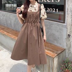 【新品】フレンチガーリー♡レイヤード風ドッキングワンピース レディース ワンピース リボン 総柄 シャツ ブラウス S M L　B0558