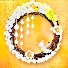 〜白藤と金の鶴〜  藤の花　リース　つまみ細工　鶴　ハンドメイド　長寿祝い　卒寿　白寿　百寿