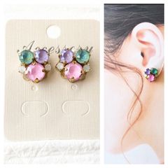 【9】スワロフスキー　ビジューピアス　カラフルピンク② ハンドメイドアクセサリー